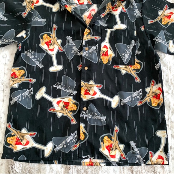 Vintage Black Pin Up Martini Glass Button Up Shirt - Picture 3 of 10